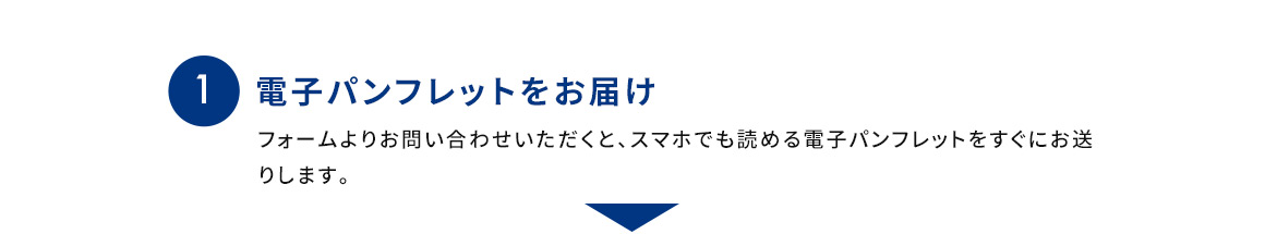 1 電子パンフレットをお届け フォームよりお問い合わせいただくと、スマホでも読める電子パンフレットをすぐにお送りします。