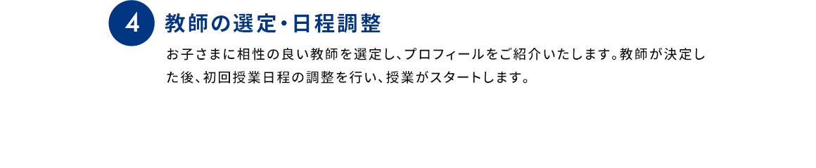 4 教師の選定・日程調整 お子さまに相性の良い教師を選定し、プロフィールをご紹介いたします。教師が決定した後、初回授業日程の調整を行い、授業がスタートします。