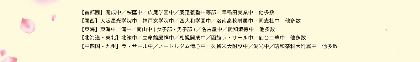 【首都圏】開成中／桜蔭中／広尾学園中／慶應義塾中等部／早稲田実業中 他多数 【関西】大阪星光学院中／神戸女学院中／西大和学園中／洛南高校附属中／同志社中 他多数 【東海】東海中／滝中／南山中(女子部・男子部)／名古屋中／愛知淑徳中 他多数 【北海道・東北】北嶺中／立命館慶祥中／札幌開成中／函館ラ・サール中／仙台二華中 他多数 【中四国・九州】ラ・サール中／ノートルダム清心中／久留米大附設中／愛光中／昭和薬科大附属中 他多数