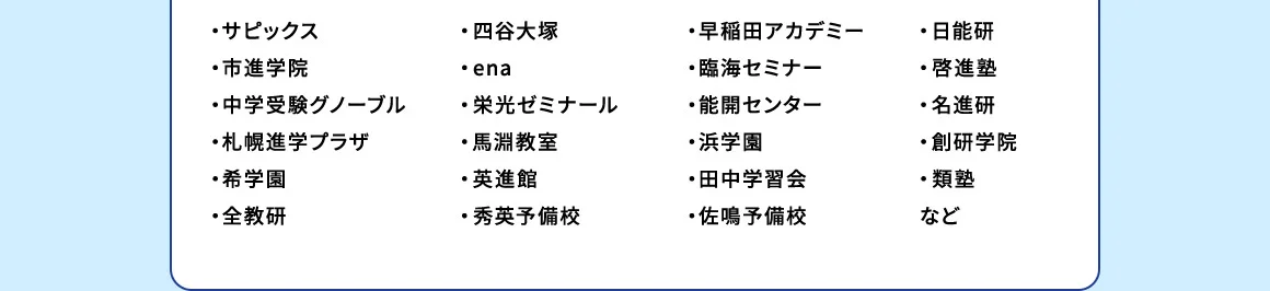 ・サピックス ・市進学院 ・中学受験グノーブル ・札幌進学プラザ ・希学園 ・全教研 ・四谷大塚 ・ena ・栄光ゼミナール ・馬淵教室 ・英進館 ・秀英予備校 ・早稲田アカデミー ・臨海セミナー ・能開センター ・浜学園 ・田中学習会 ・佐鳴予備校 ・日能研 ・啓進塾 ・名進研 ・創研学院 ・類塾 など