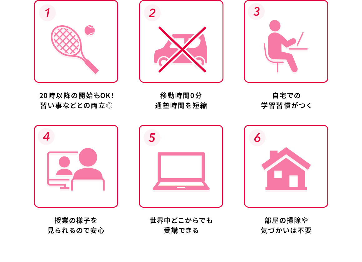 1 20時以降の開始もOK！ 習い事などとの両立◎ 2 移動時間0分 通塾時間を短縮 3 自宅での学習習慣がつく 4 授業の様子を見られるので安心 5 世界中のどこからでも受講できる 6 部屋の掃除や気づかいは不要