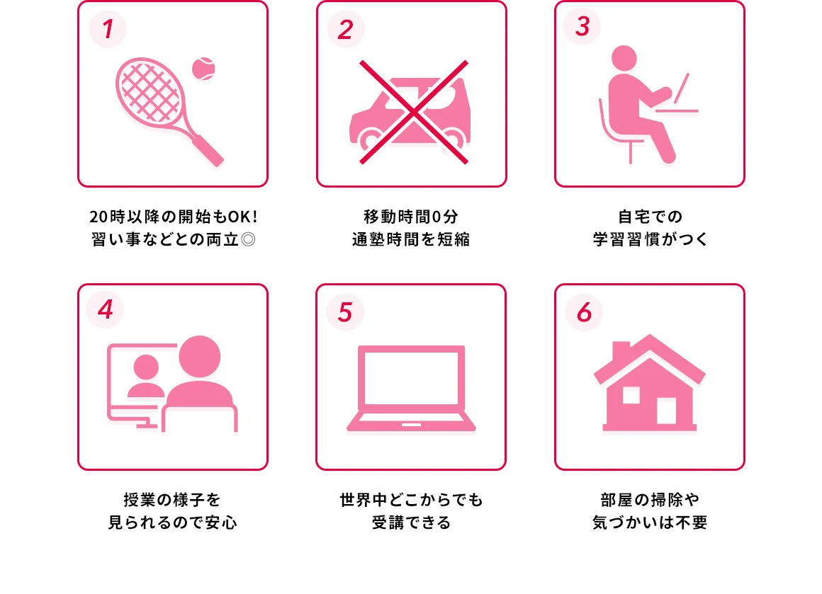 1 20時以降の開始もOK！ 習い事などとの両立◎ 2 移動時間0分 通塾時間を短縮 3 自宅での学習習慣がつく 4 授業の様子を見られるので安心 5 世界中のどこからでも受講できる 6 部屋の掃除や気づかいは不要