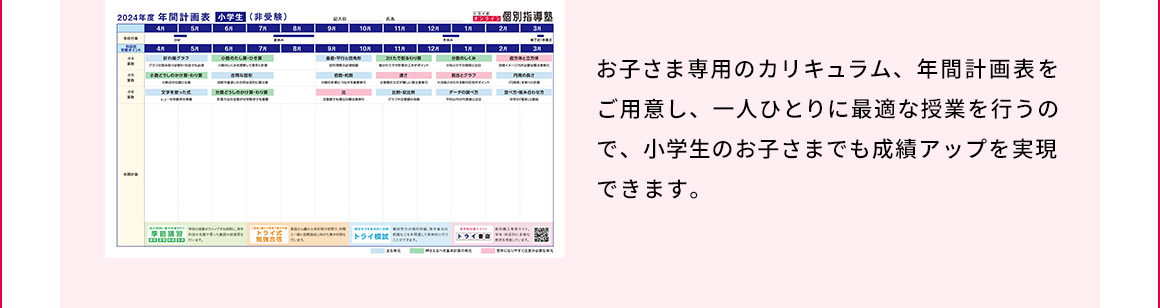 お子さま専用のカリキュラム、年間計画表をご用意し、一人ひとりに最適な授業を行うので、小学生のお子さまでも成績アップを実現できます。