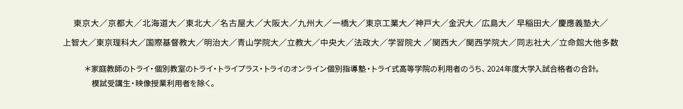 東京大／京都大／北海道大／東北大／名古屋大／大阪大／九州大／一橋大／東京工業大／神戸大／金沢大／広島大／早稲田大／慶應義塾大／上智大／東京理科大／国際基督教大／明治大／青山学院大／立教大／中央大／法政大／学習院大／関西大／関西学院大／同志社大／立命館大 他多数 ※家庭教師のトライ・個別教室のトライ・トライプラス・トライのオンライン個別指導塾・トライ式高等学院の利用者のうち、2024年度大学入試合格者の合計。模試受講生・映像授業利用者を除く。