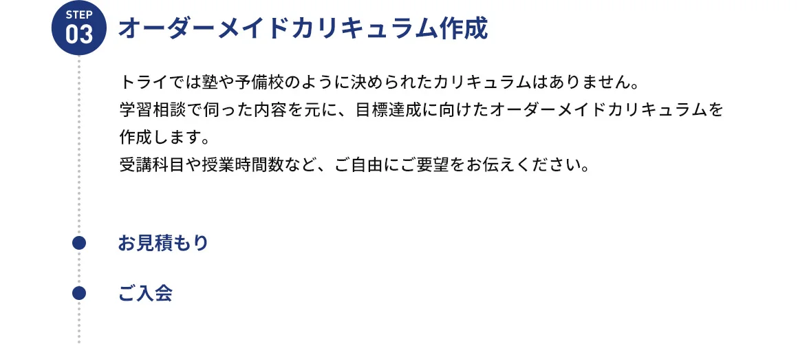 STEP03 オーダーメイドカリキュラム作成 トライでは塾や予備校のように決められたカリキュラムはありません。学習相談で伺った内容を元に、目標達成に向けたオーダーメイドカリキュラムを作成します。受講科目や授業時間数など、ご自由にご要望をお伝えください。 お見積もり ご入会