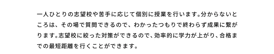 一人ひとりの志望校や苦手に応じて個別に授業を行います。分からないところは、その場で質問できるので、わかったつもりで終わらず成果に繋がります。志望校に絞った対策ができるので、効率的に学力が上がり、合格までの最短距離を行くことができます。