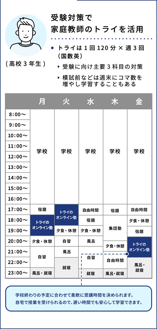 (高校3年生) 受験対策で家庭教師のトライを活用 ・トライは1回120分×週3回 (国数英) 受験に向け主要3科目の対策 模試前などは週末にコマ数を増やし学習することもある