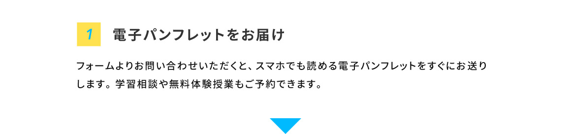 1 電子パンフレットをお届け フォームよりお問い合わせいただくと、スマホでも読める電子パンフレットをすぐにお送りします。学習相談や無料体験授業もご予約できます。
