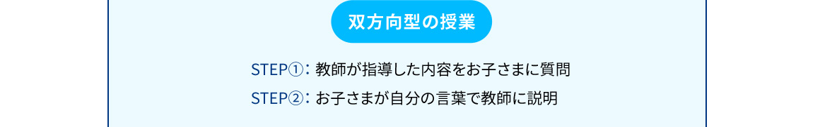 双方向型の授業 STEP1：教師が指導した内容をお子さまに質問 STEP2：お子さまが自分の言葉で教師に説明 加法定理を使って…