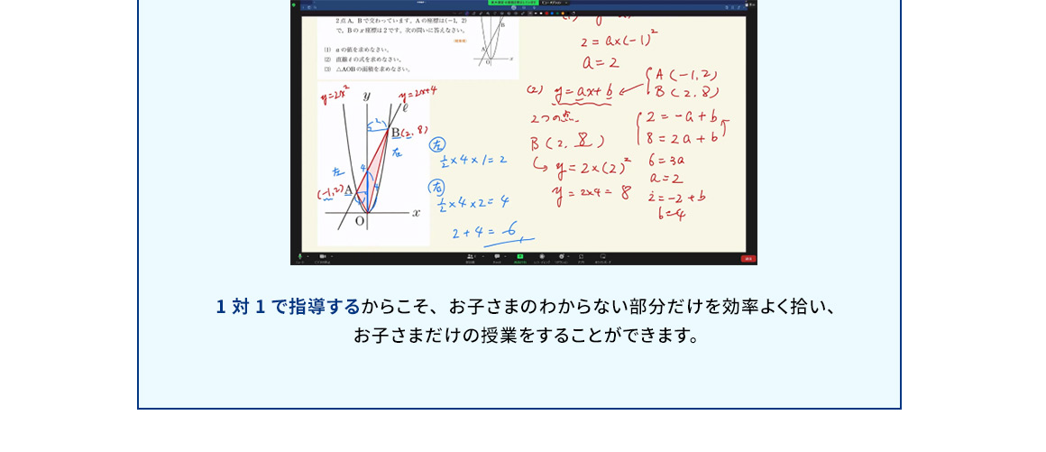 1対1で指導するからこそ、お子さまのわからない部分だけを効率よく拾い、お子さまだけの授業をすることができます。