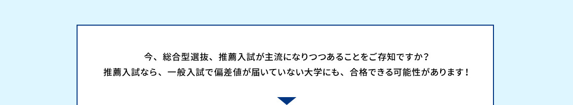 今、総合型選抜、推薦入試が主流になりつつあることをご存知ですか？ 推薦入試なら、一般入試で偏差値が届いていない大学にも、合格できる可能性があります！