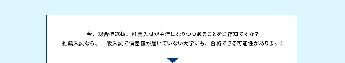 今、総合型選抜、推薦入試が主流になりつつあることをご存知ですか？ 推薦入試なら、一般入試で偏差値が届いていない大学にも、合格できる可能性があります！