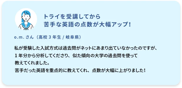 トライを受講してから苦手な英語の点数が大幅アップ！  o.m. さん (高校3年生／岐阜県)  私が受験した入試方式は過去問がネットにあまり出ていなかったのですが、1年分から分析してくださり、似た傾向の大学の過去問を使って教えてくれました。苦手だった英語を重点的に教えてくれ、点数が大幅に上がりました！