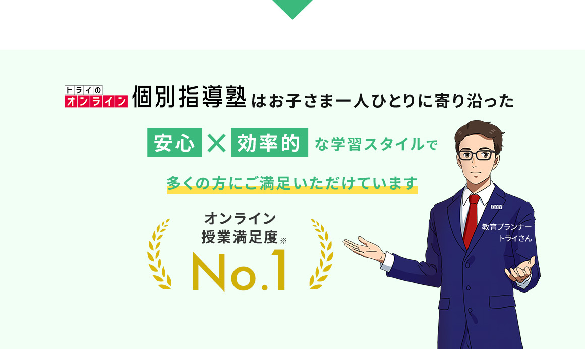 トライのオンライン個別指導塾はお子さま一人ひとりに寄り沿った 安心 × 効率的 な学習スタイルで多くの方にご満足いただけています オンライン授業満足度No.1※