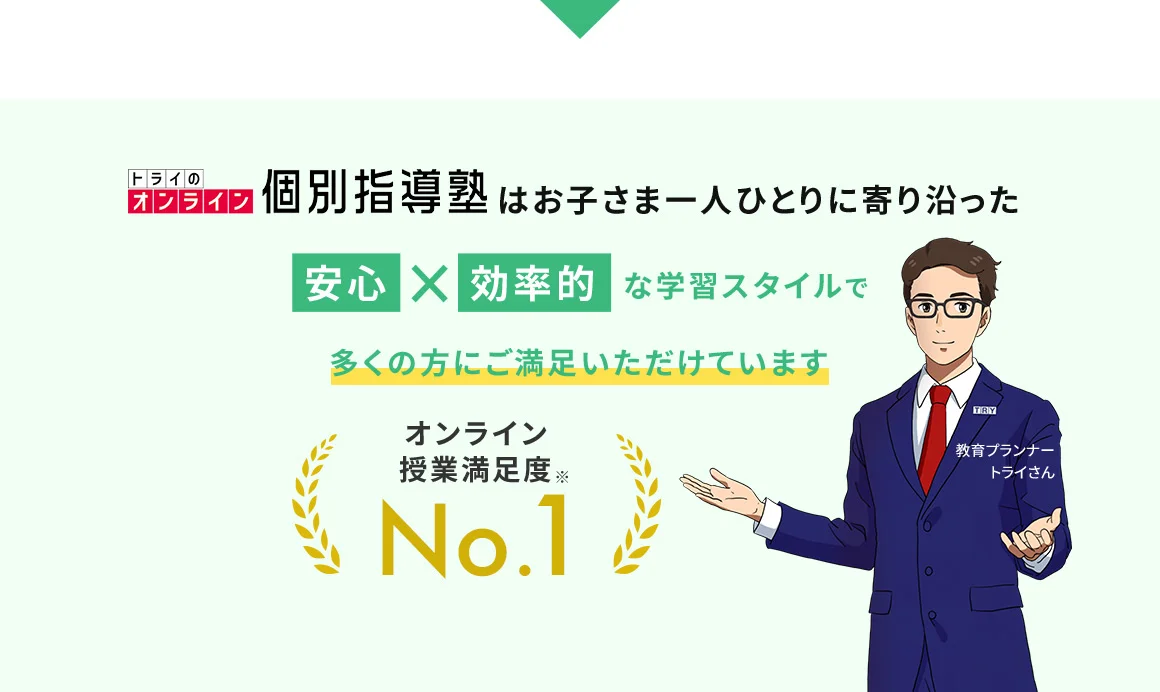 トライのオンライン個別指導塾はお子さま一人ひとりに寄り沿った 安心 × 効率的 な学習スタイルで多くの方にご満足いただけています オンライン授業満足度No.1※