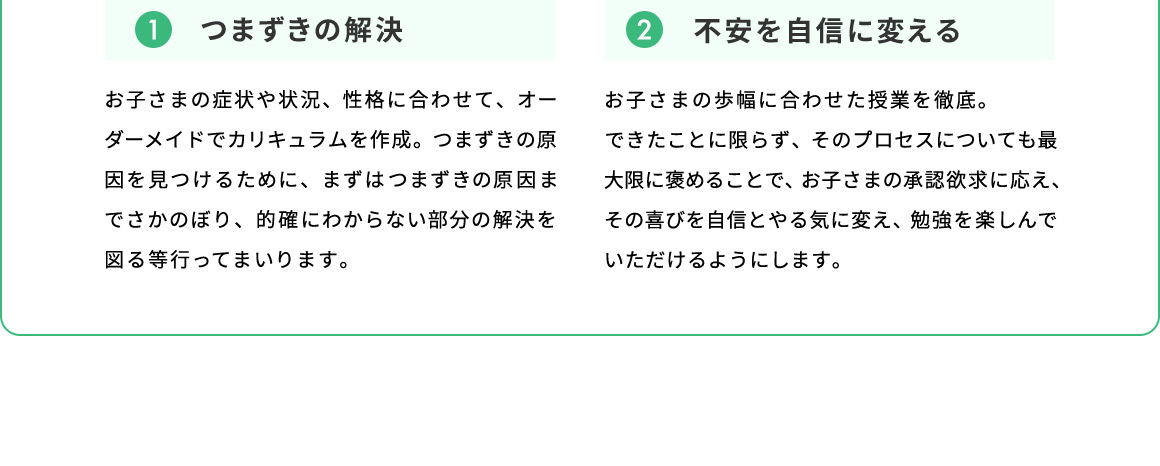 1 つまずきの解決 お子さまの症状や状況、性格に合わせて、オーダーメイドでカリキュラムを作成。つまずきの原因を見つけるために、まずはつまずきの原因までさかのぼり、的確にわからない部分の解決を図る等行ってまいります。 2 不安を自信に変える お子さまの歩幅に合わせた授業を徹底。できたことに限らず、そのプロセスについても最大限に褒めることで、お子さまの承認欲求に応え、その喜びを自信とやる気に変え、勉強を楽しんでいただけるようにします。