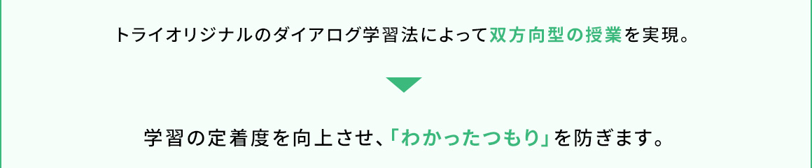 トライオリジナルのダイアログ学習法によって双方向型の授業を実現。 学習の定着度を向上させ、「わかったつもり」を防ぎます。