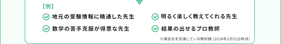 【例】 地元の受験情報に精通した先生 数学の苦手克服が得意な先生 明るく楽しく教えてくれる先生 結果の出せるプロ教師 ※講習会を受講している教師数(2024年3月31日時点)