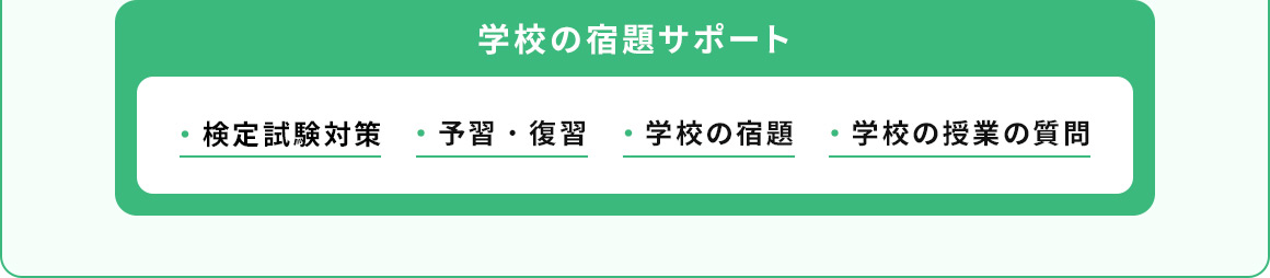 学校の宿題サポート ・検定試験対策 ・予習・復習 ・学校の宿題 ・学校の授業の質問