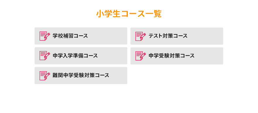 小学生コース一覧 学校補習コース テスト対策コース 中学入学準備コース 中学受験対策コース 難関中学受験対策コース