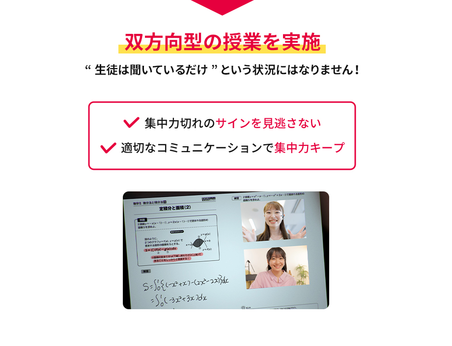 双方向型の授業を実施 生徒は聞いているだけという状況にはなりません！ 集中力切れのサインを見逃さない 適切なコミュニケーションで集中力キープ