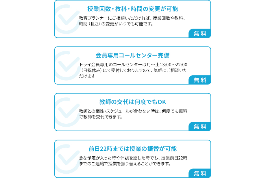 授業回数・教科・時間の変更が可能 教育プランナーにご相談いただければ、授業回数や教科、時間（長さ）の変更がいつでも可能です。無料 会員専用コールセンター完備 トライ会員専用のコールセンターは月～土13：00から22：00(日祝休み)にて受付しておりますので、気軽にご相談いただけます。無料 教師の交代は何度でもOK 教師との相性・スケジュールが合わない時は、何度でも無料で教師を交代できます。無料 前日22時までは授業の振替が可能 急な予定が入った時や体調を崩した時でも、授業前日22時までのご連絡で授業を振り替えることができます。無料