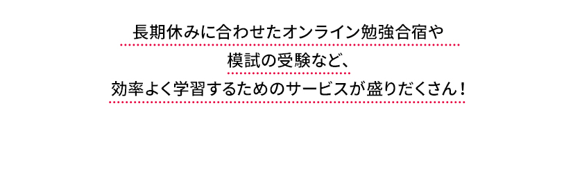 長期休みに合わせたオンライン合宿や模試の受験など、効率よく学習するためのサービスが盛りだくさん！