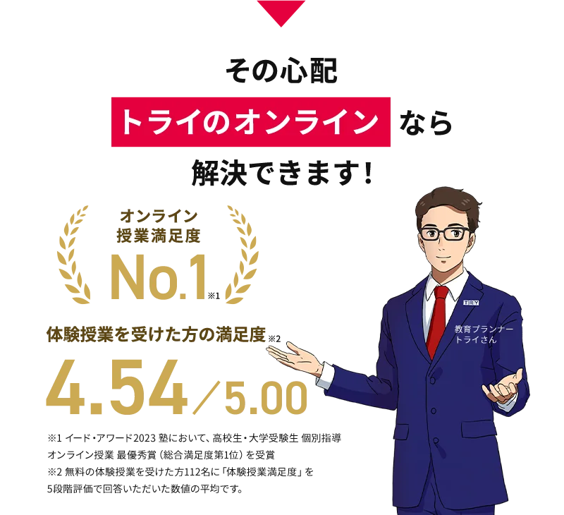 その心配 トライのオンラインなら解決できます！ オンライン授業満足度※1 No.1 体験授業を受けた方の満足度※2 4.54／5.00 ※イード・アワード2023 塾において、高校生・大学受験生 個別指導 オンライン授業 最優秀賞（総合満足度第1位）を受賞 ※2 無料の体験授業を受けた方112名に「体験授業満足度」を5段階評価で回答いただいた数値の平均です。